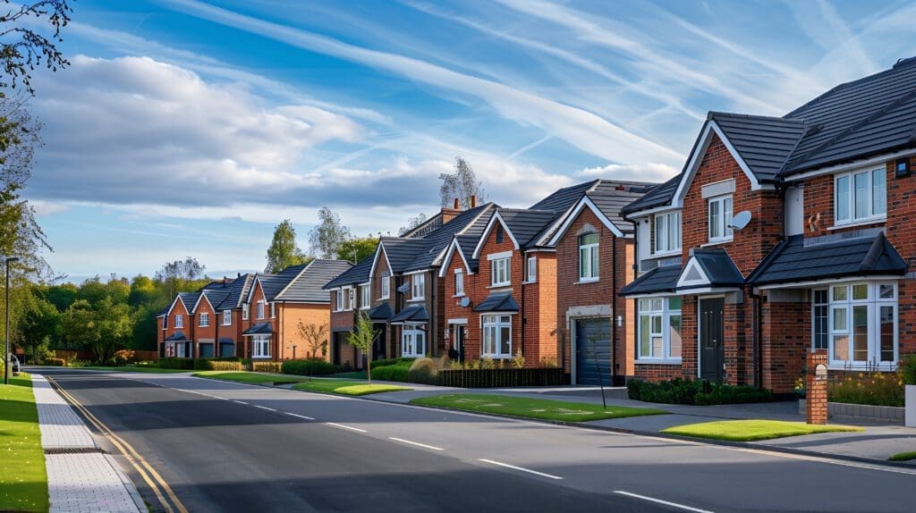 A row of modern, red-brick houses with white trim and black roofs lines a suburban street. The sky is bright with streaks of clouds, and the area is surrounded by green trees and freshly mowed lawns.
