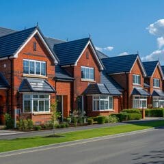 A row of modern, brick houses with dark roofs on a clear, sunny day. Each house has a front yard with trimmed grass and shrubs. The street is empty, and fluffy clouds are visible in the blue sky.