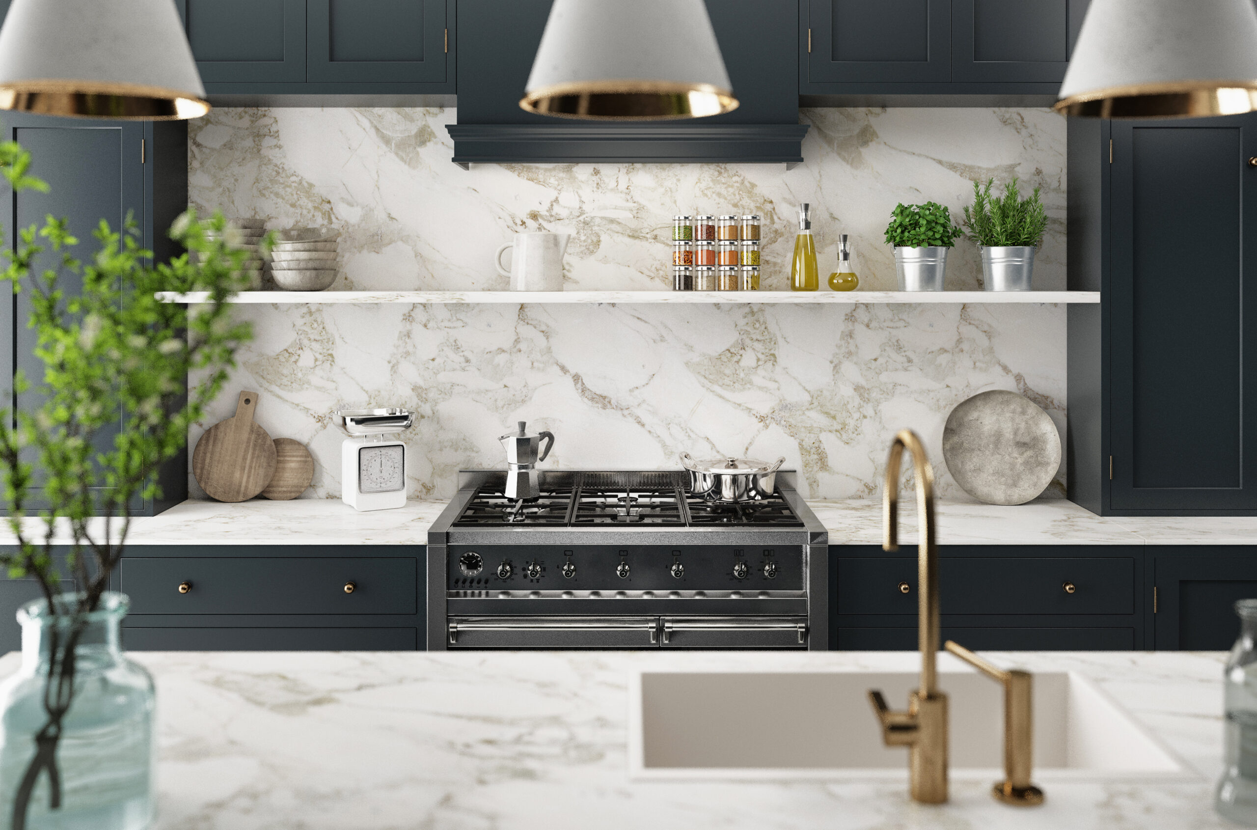 Modern kitchen with dark cabinets, marble countertops and backsplash, a stainless steel stove, open shelves holding dishes, plants, and decor items, and a white sink in the foreground.